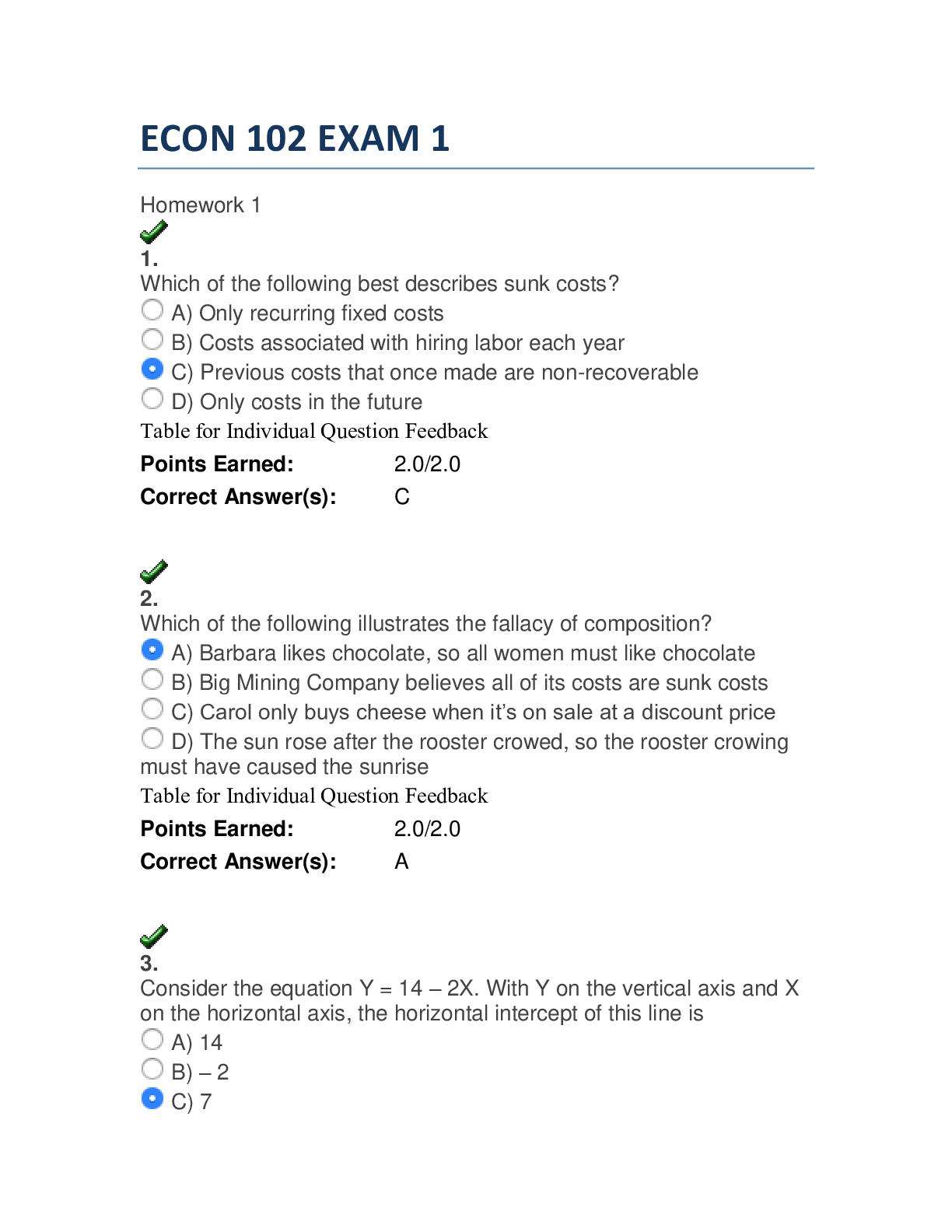Preview of Pennsylvania State University - ECON 102 EXAM 1. All Answers Indicated. 100% Correct.